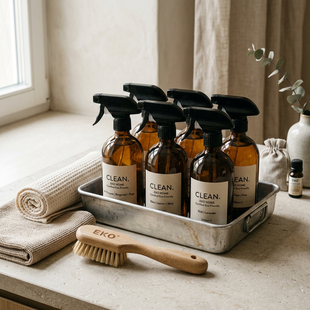 Kit del equipo: sprays de vidrio ámbar etiquetados, paños de algodón y cepillo de madera sobre una bandeja