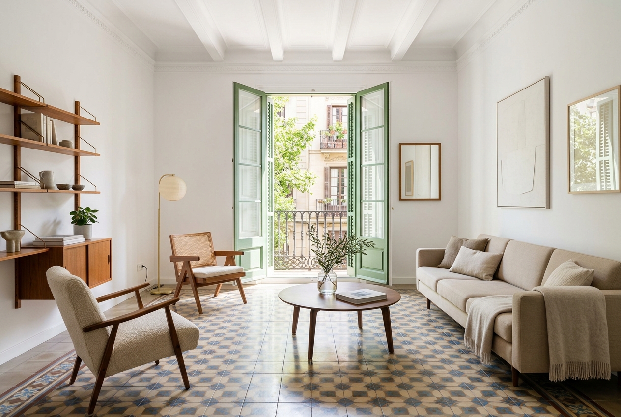 Salón de un piso de Gràcia con suelo de mosaico hidráulico y balcón de persianas verdes, recién limpiado