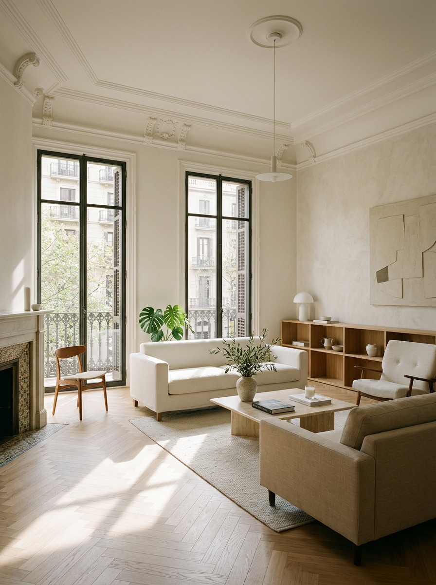 Salón señorial del Eixample con molduras, parqué en espiga y luz de tarde