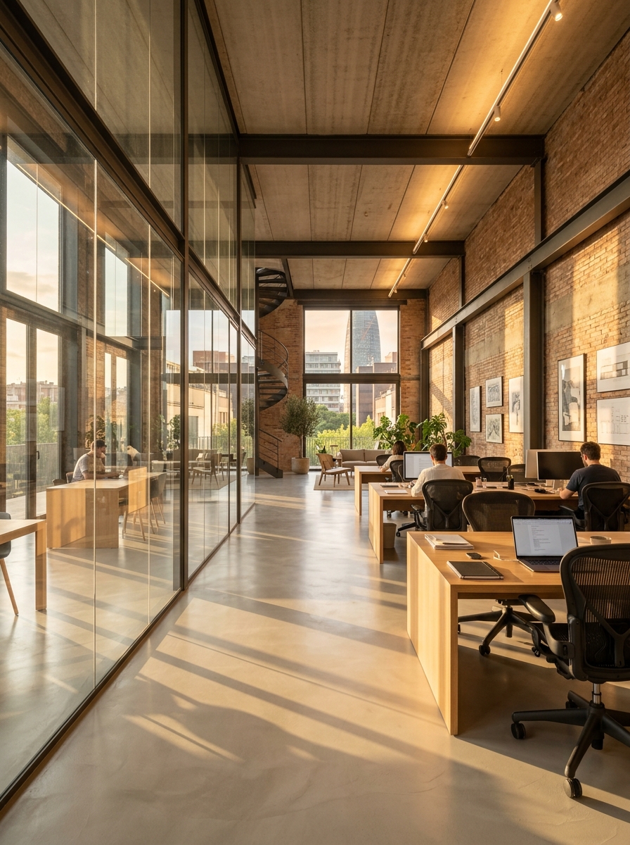 Oficina diáfana en Poblenou con luz de tarde y suelo pulido