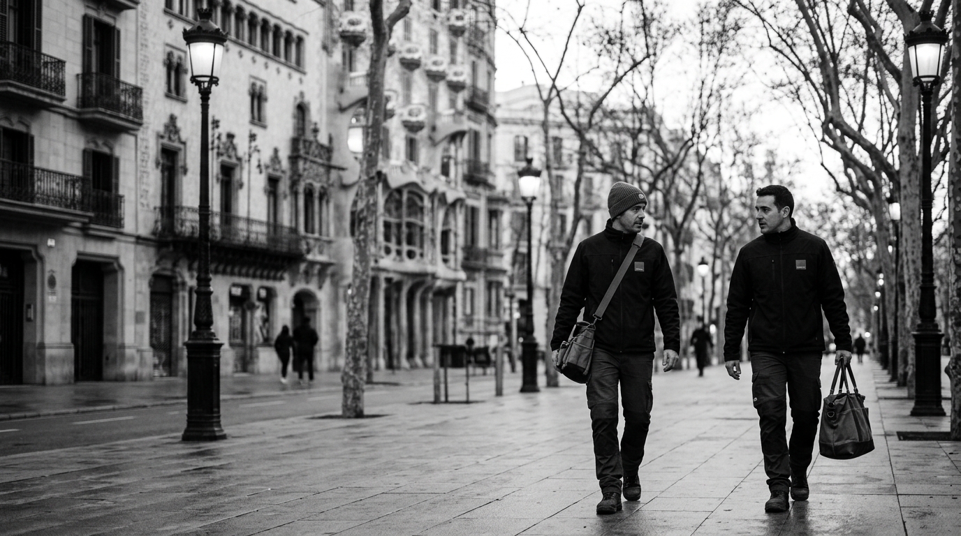 Fotografía en blanco y negro del equipo caminando por Passeig de Gràcia al amanecer